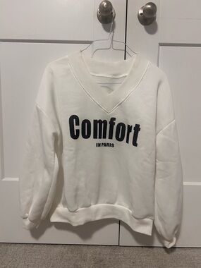 SHEIN White V-Neck 'Comfort' Graphic Sweatshirt